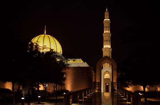 Grand mosque entrance at night with illuminated walkway, tower and cupola.