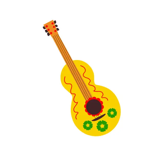 Vector illustration of flat mexican guitar with floral pattern of mexico