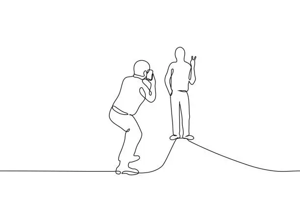 Vector illustration of man makes a photo of a friend on the phone - one line drawing vector. concept mobile vertical photo, posing for a photo with the sign 