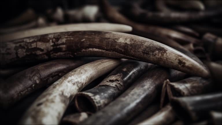 Elephant tusks illegal endangered ivory sold by wildlife poachers on a market in Asia causing animal extinction