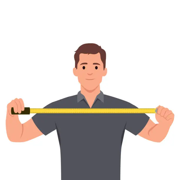 Vector illustration of Man with measuring tape offers to find out exact size room to start repairing or building. Guy with measuring tape or ruler demonstrates dimension tool for accurate.