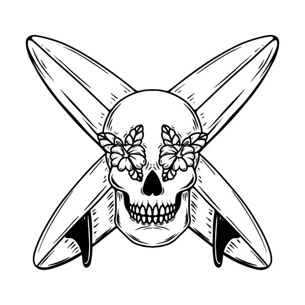 Illustration of skull with crossed surfing boards. Vector illustration