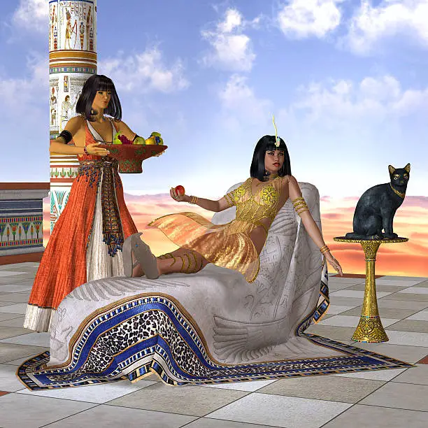 A servant girl brings Cleopatra some fruit to eat in the Old Kingdom of Egypt.