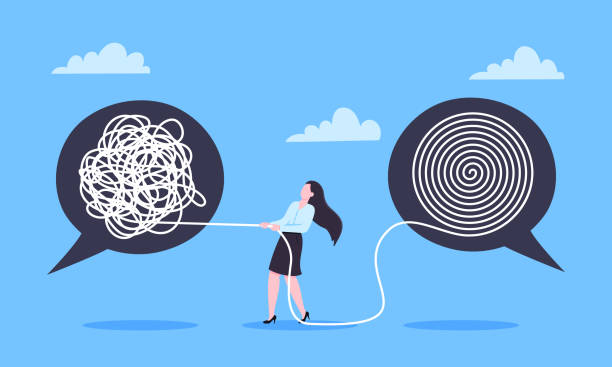unravel business chaos process with tangle difficult problem mess business concept flat style design vector illustration. - tied knot rope adversity emotional stress stock illustrations