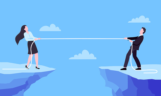 Business people play tug of war by pulling the rope. Business concept of competition in office space with two leaders, flat style design vector illustration. Confrontation and conflict metaphor