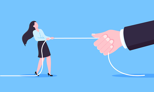 Business woman play tug of war by pulling the rope. Business concept of competition in office space with two leaders, flat style design vector illustration. Confrontation and conflict metaphor