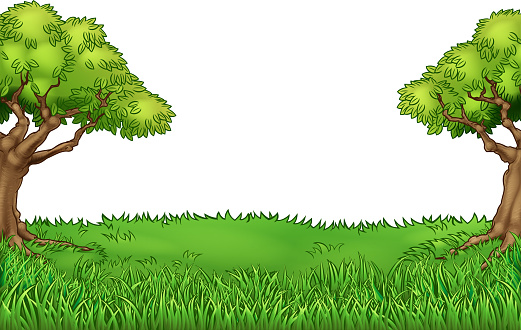 Trees cartoon fairytale landscape grass field background scene