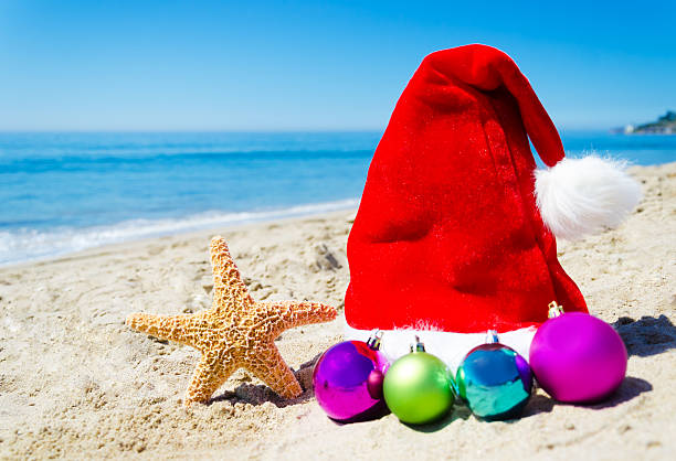 istock Starfish with christmas hat and balls on the beach 183692469