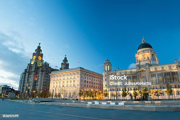 Three Graces Buildings On Liverpools Waterfront At Night Stock Photo - Download Image Now