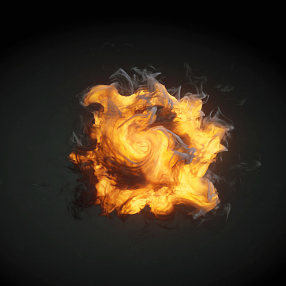 Magical swirl of bright yellow flame on dark background. 3d rendering digital illustration