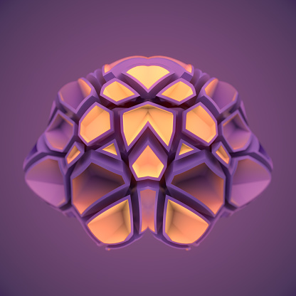 Abstract 3d rendering digital illustration of crystal figure with a crack pattern on a violet background. Creative concept design