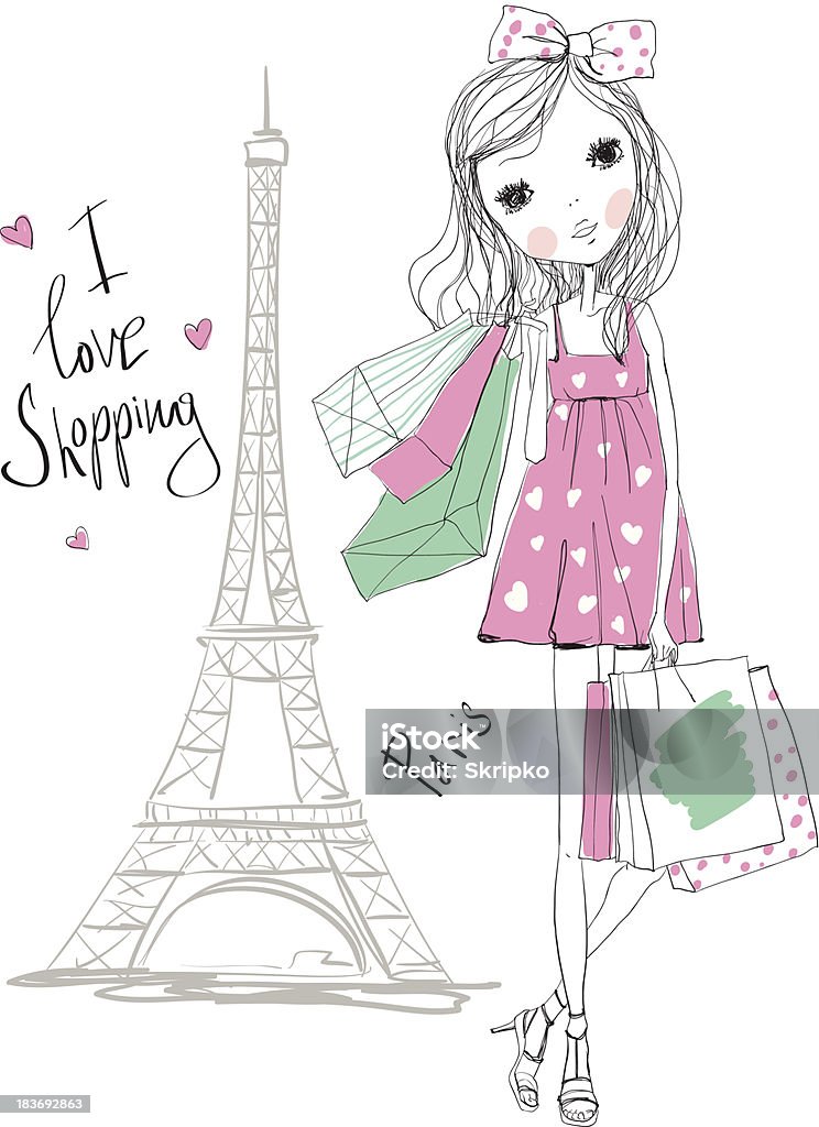 Zakupy dziewczyny w Paryżu - Grafika wektorowa royalty-free (Bagaż)