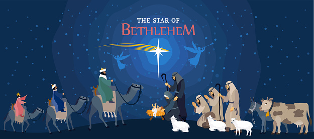 The vivid portrayal of the birth of Lord Jesus Christ, displaying wise men on camels, reverent shepherds, accompanied by sheep, a cow, and a donkey, all present at this momentous event.