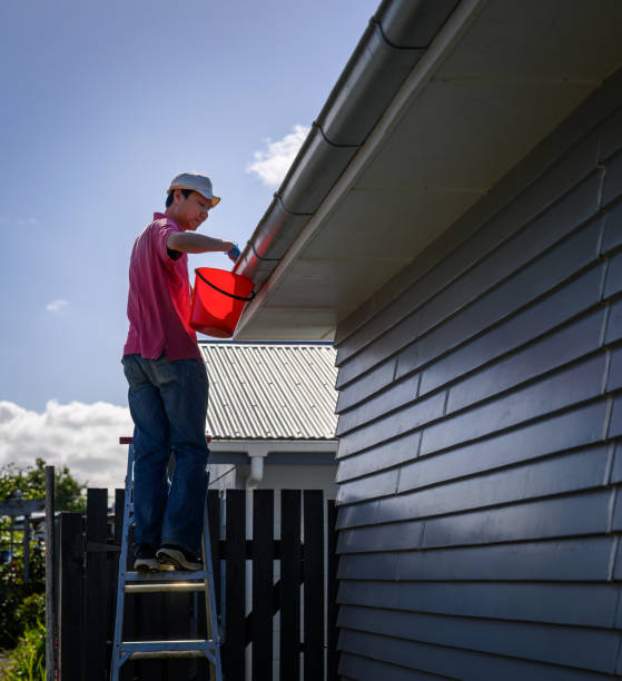istock Man standing on the ladder and cleaning the gutter. Home maintenance work. Vertical format. Auckland. 1836946795