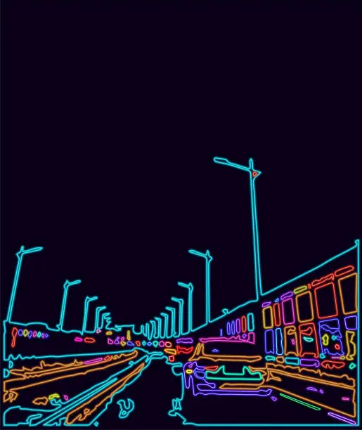 Vector illustration of neon cyber digital effect car on highway in night