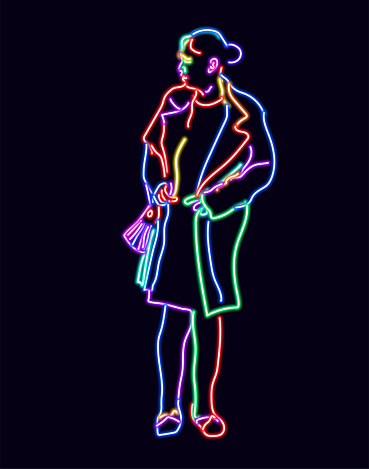 colors neon digital effect people pose,young women with bag in standing