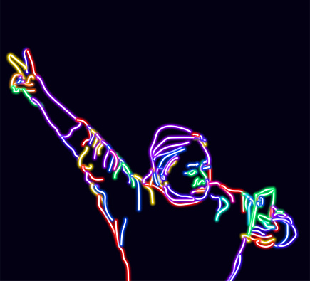 colors neon digital effect people pose,young women watching phone,Gesture of victory