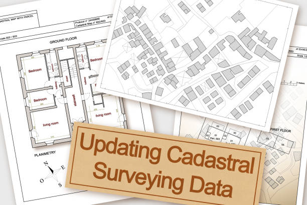 istock Updating public cadastral digital surveying databases and information about land registry - concept with an imaginary cadastral map of territory with buildings, roads and land parcel 1836964608