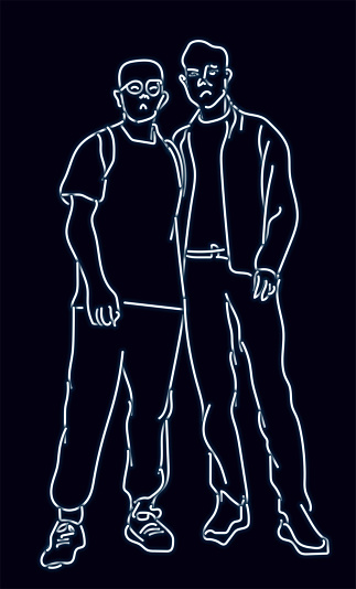 black and white neon digital people stance action,two men in standing