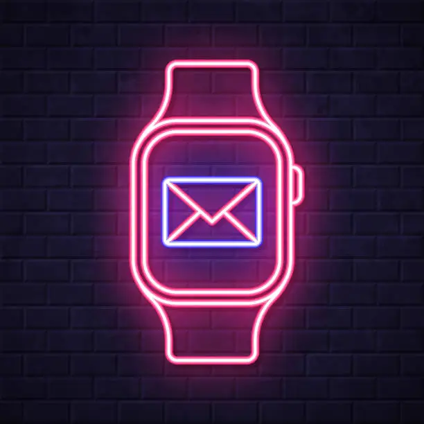 Vector illustration of Smartwatch with email message. Glowing neon icon on brick wall background