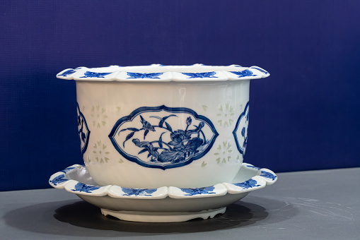 Horizontal extreme closeup photo of the blue leaves and rose flower pattern decorating a French antique ceramic covered soup tureen in a dining room. Provence, south of France.