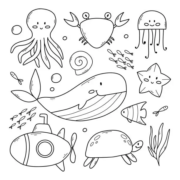 Vector illustration of Set of sea animals in doodle style. Vector illustration. Collection of marine inhabitants.