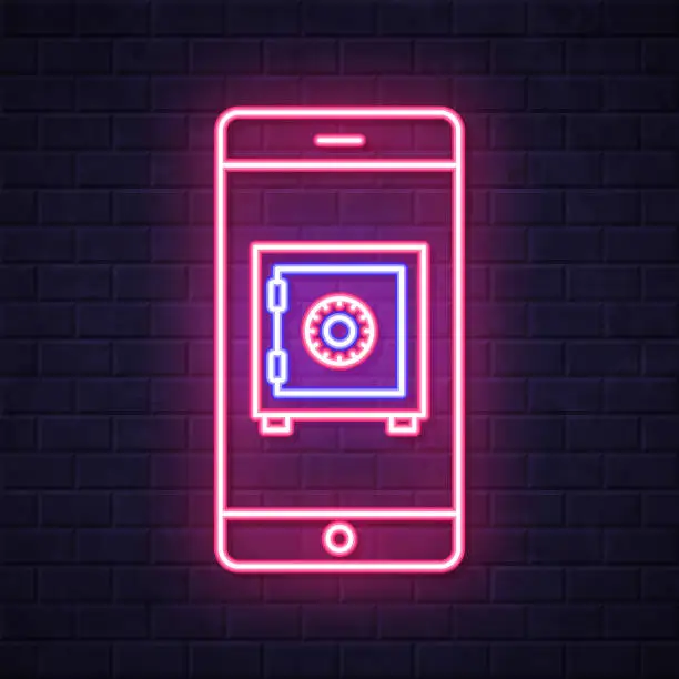 Vector illustration of Smartphone with safe box. Glowing neon icon on brick wall background