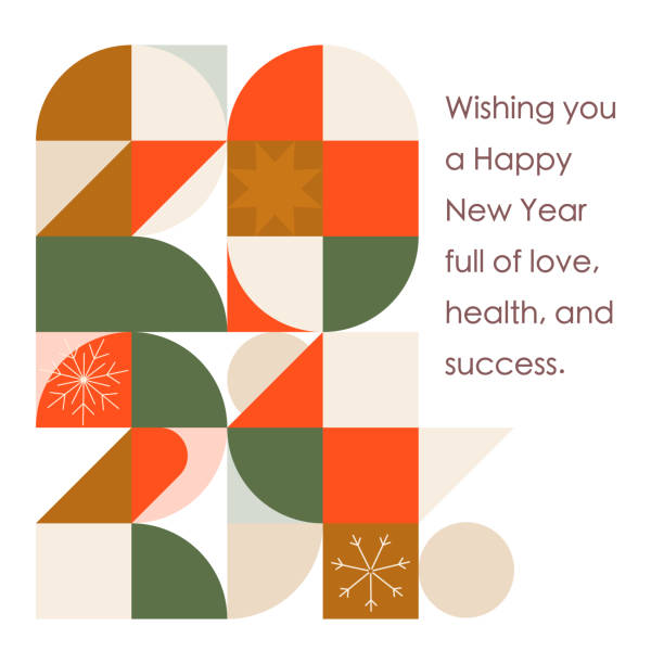 ilustrações de stock, clip art, desenhos animados e ícones de an abstract vector illustration for the 2024 new year greetings celebration that can be shared on social media. this design follows the bauhaus style and consists of geometric shapes forming the numbers. - reveillon influencers