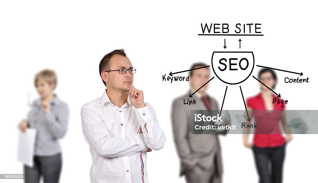 man looking at seo scheme businessman looking at seo scheme on a board invisible Adult Stock Photo