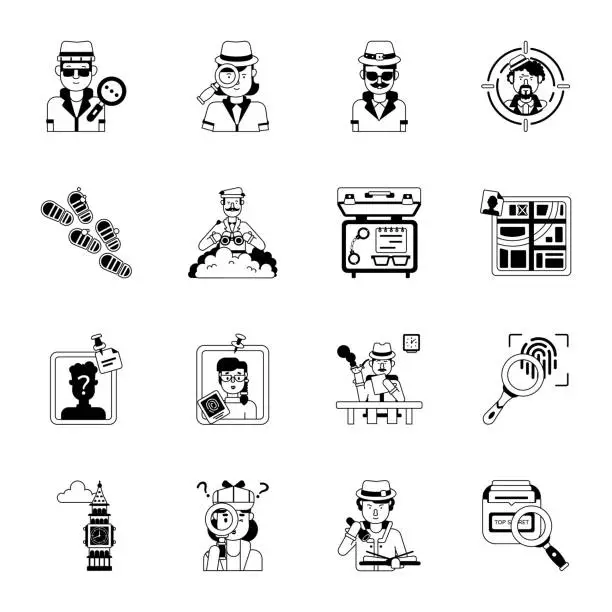 Vector illustration of Collection of Crime Investigation Glyph Icons