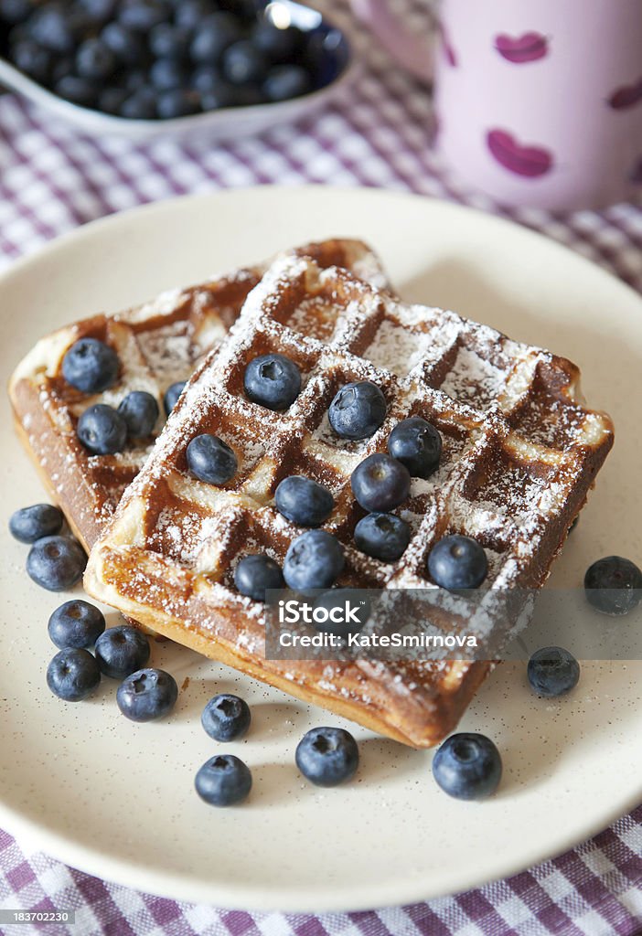 Breakfast with belgian waffles and fresh blueberry Breakfast with belgian waffles and fresh blueberry on checkered tablecloth Baked Pastry Item Stock Photo