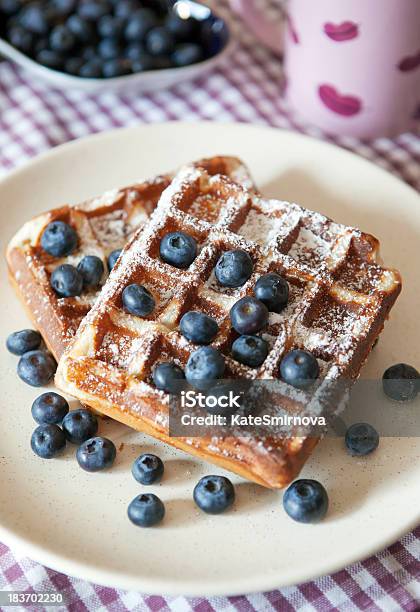 Breakfast With Belgian Waffles And Fresh Blueberry Stock Photo - Download Image Now - Baked Pastry Item, Belgian Culture, Belgian Waffle