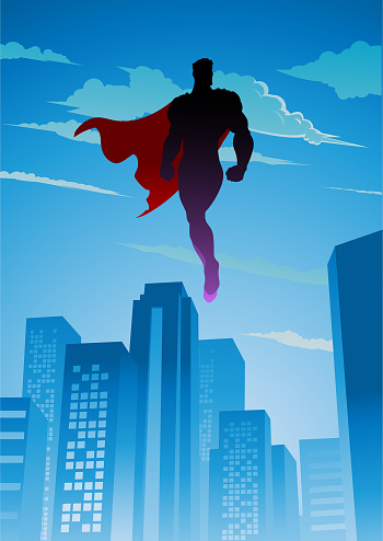 A silhouette style vector illustration of a superhero flying floating in the air above city skyscrapers. Easy to grab and edit.  Wide space available for your copy.