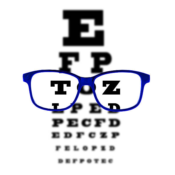 istock Eye vision test chart seen through blue glasses, isolated. 183703154