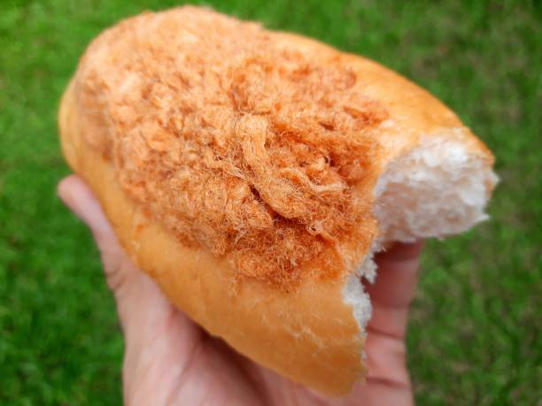 istock Hand holding Sweet Shredded Pork Bun - green background. 1837051933