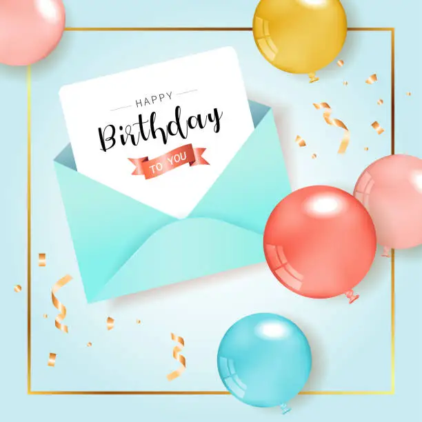 Vector illustration of Happy Birthday congratulations banner design with Confetti, Balloons for Party Holiday Background. Birthday wishes envelope.