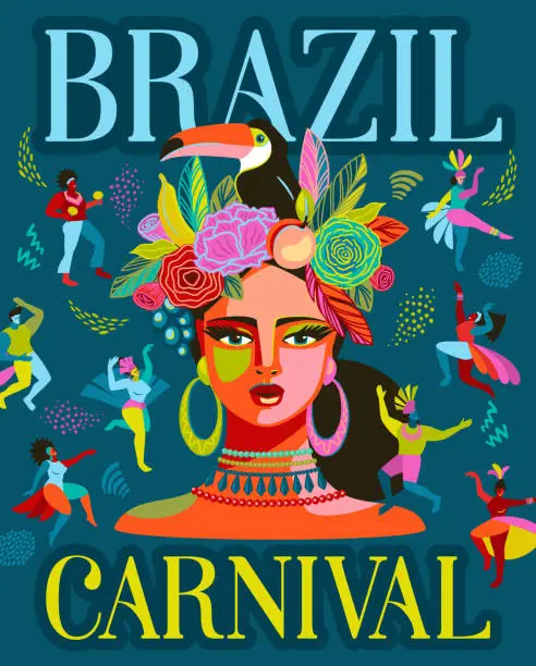 Vector illustration of Poster with portrait of woman and people in brazil carnival outfit. Vector abstract illustration. Design for carnival concept and other