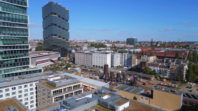 Berlin summer city Skyscraper office building. Magic aerial top view flight overflight flyover drone
4k drone