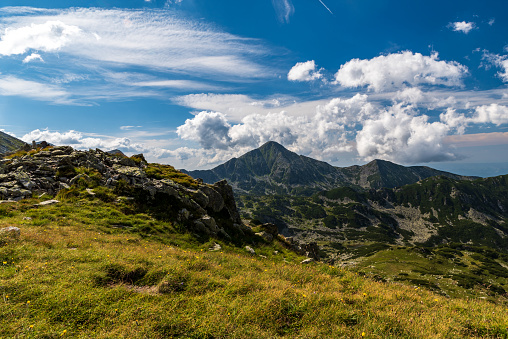 Retezat mountains with Retezat mountain peak in Romania - view from Saua Custura Bucurei mountain pass during beautiful summer day