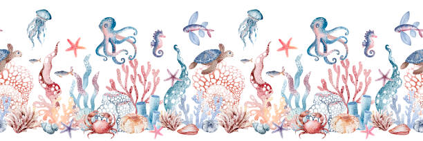 illustrazioni stock, clip art, cartoni animati e icone di tendenza di animali marini senza soluzione di continuità. acquerello disegnato a mano - water plant coral sea jellyfish