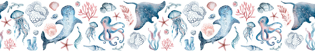 Sea animals seamless border. Hand drawn watercolor illustration of underwater world ornament on isolated background. Sea corals and shells for banner.