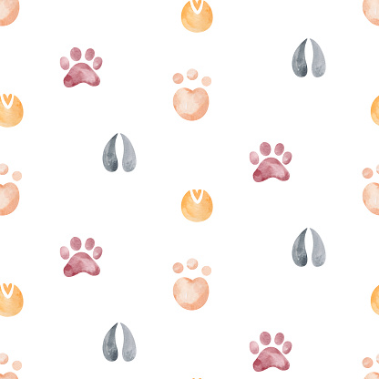 Animal footprints seamless pattern. Watercolor texture of elephant, crocodile and hoof prints.Wildlife ornament of feet. For children's textile design and background.