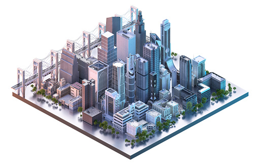 Modern isometric city plan, 3d location map: living houses, offices, skyscrapers, industrial buildings, city landmarks, streets traffic. Futuristic megapolis downtown infographic map design template