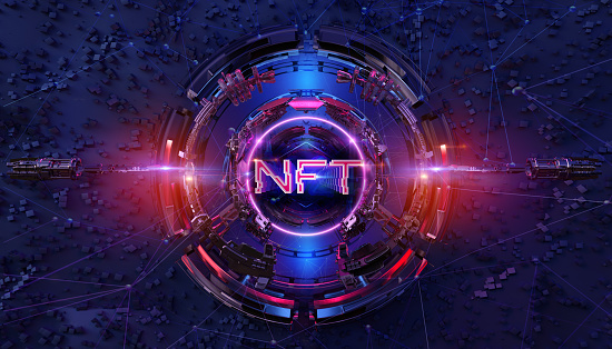 NFT Non-Fungible Token: crypto currency money data unit, ethereum blockchain technology; digital art files, games, collectibles, music investment. NFT non fungible cryptographic token transaction 3d mixed media illustration