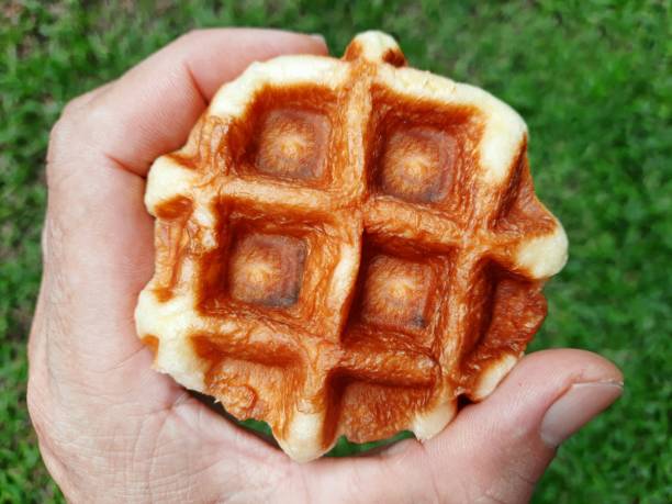 istock Hand holding Waffle - green background. 1837086950