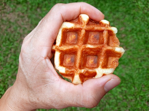 Hand holding Waffle - green background.