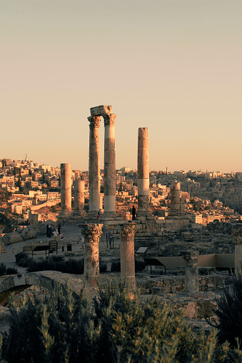 Amman citadel afternoon, tourists and archaeology , ancient city of amman