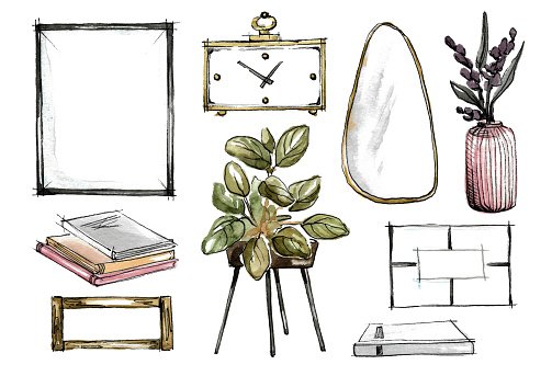 A set of stylish decorative items for home decoration. Green ficus and a rectangular frame, an irregularly shaped mirror, a stack of books and a clock with hands. Hand drawn watercolor painting