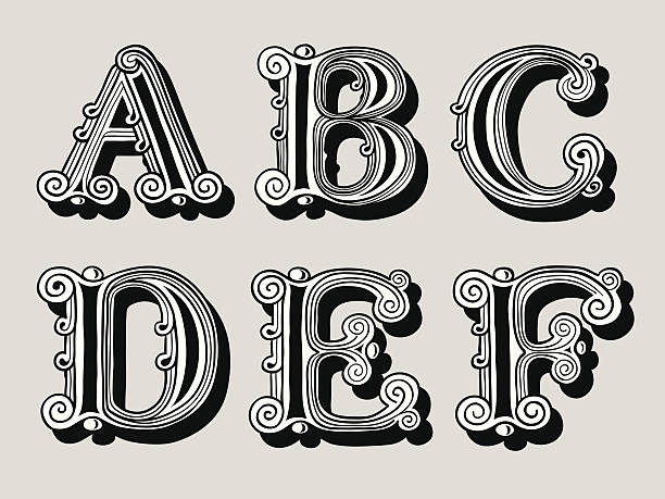 Retro vintage illustration of alphabet letters Retro vintage illustration of alphabet letters in caps, the A, B, C, D, E and F in the antiqua design in black and white over a sepia background fancy letter b drawing stock illustrations