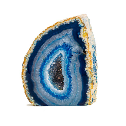 Blue agate geode inlaid with quartz crystals.